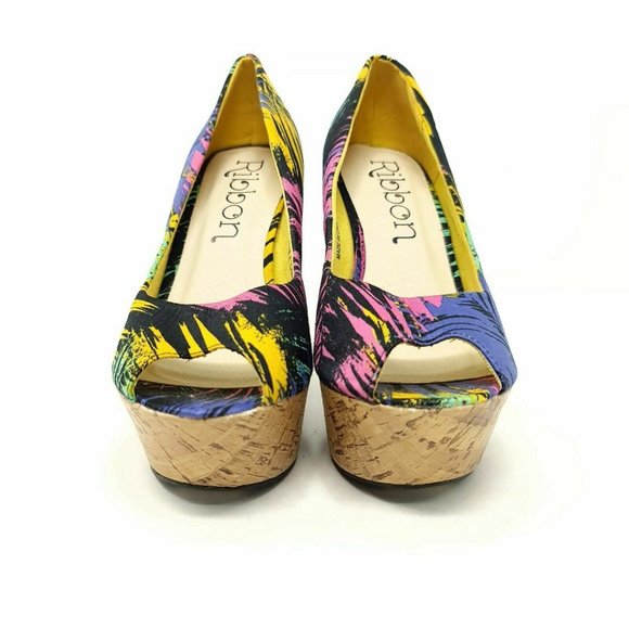 Ribbon Multicolour Chunky Platform Block Heels Shoes UK 5 EU 38 Peep Toe - Picture 3 of 8